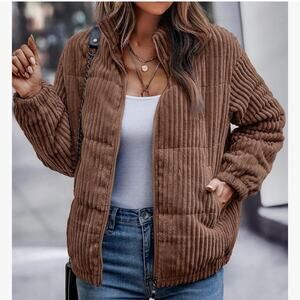Angashion New Brown Quilted Ribbed Mock Neck Full Zip Bomber Jacket Size L